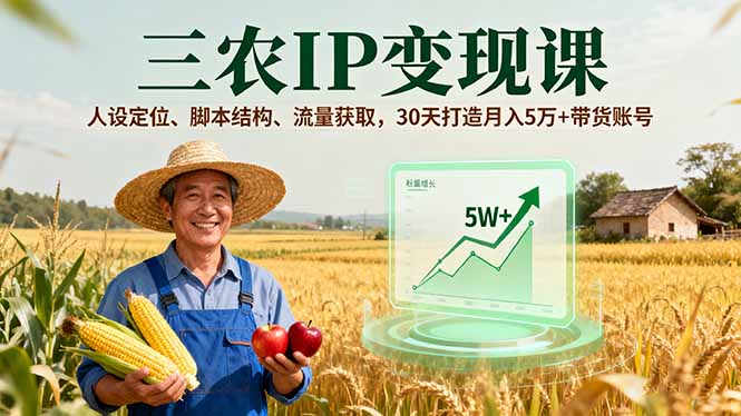 三农IP变现课，人设定位、***结构、流量获取，30天打造月入5万+带货账号