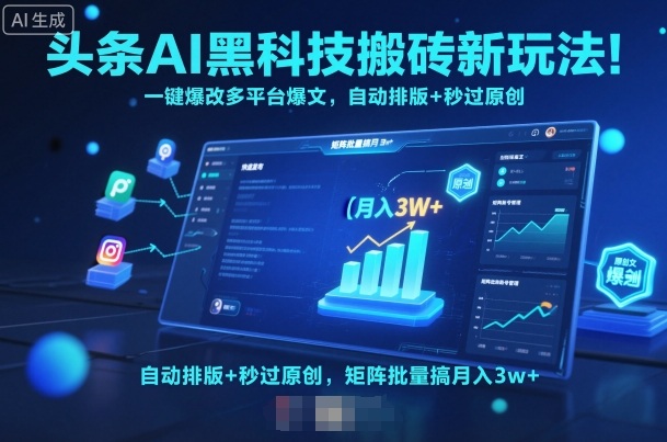 头条AI黑科技**新玩法！一键爆改多平台爆文，**排版+秒过原创，矩阵批量搞月入3w+【揭秘】